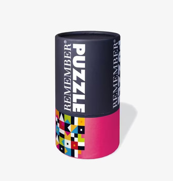 Bild av färgglad pusselförpackning med geometriska mönster