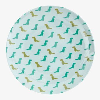 Bild av färgglad barntallrik med dinosauriemotiv