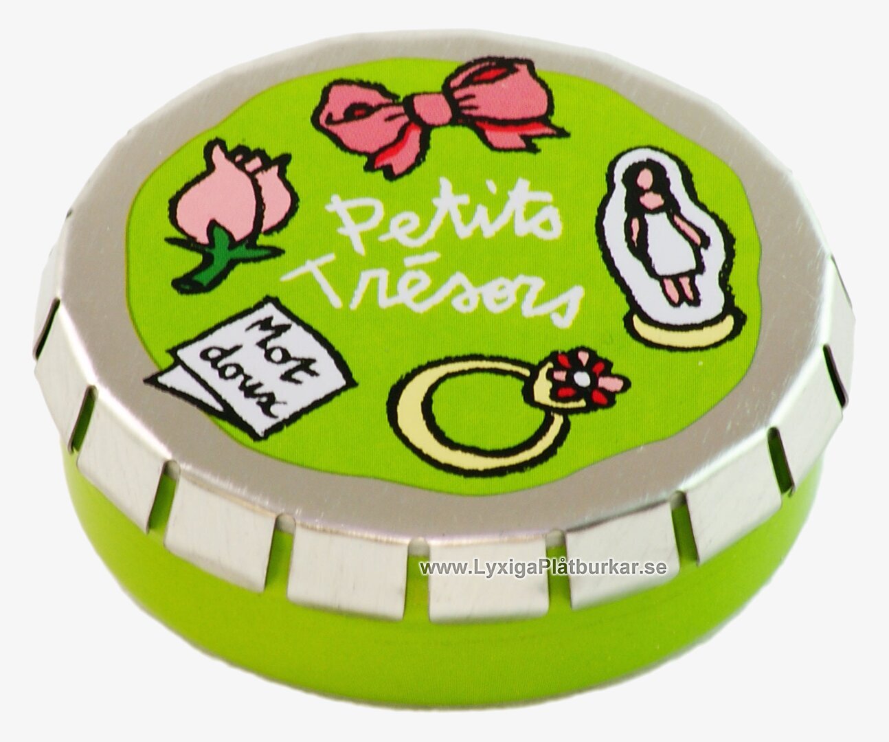 Bild av en lekfull och nostalgisk grön burk med motiv