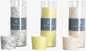 Bild av tre eleganta muffinsformar i olika mönster