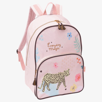 Bild av rosa ryggsäck med leopardmotiv och blommor