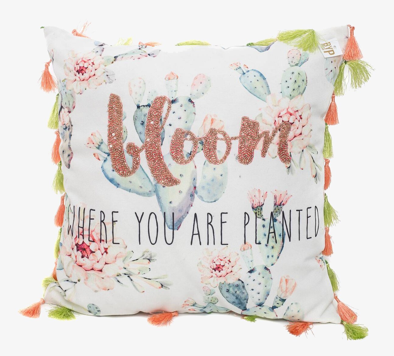 Bild på kudde med botaniskt motiv och glittrande text