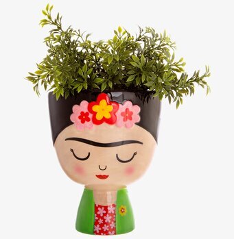 Bild av färgglad kruka med ansiktsdesign och blommor