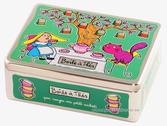 Bild av färgglad plåtburk för tepåsar med lekfullt motiv