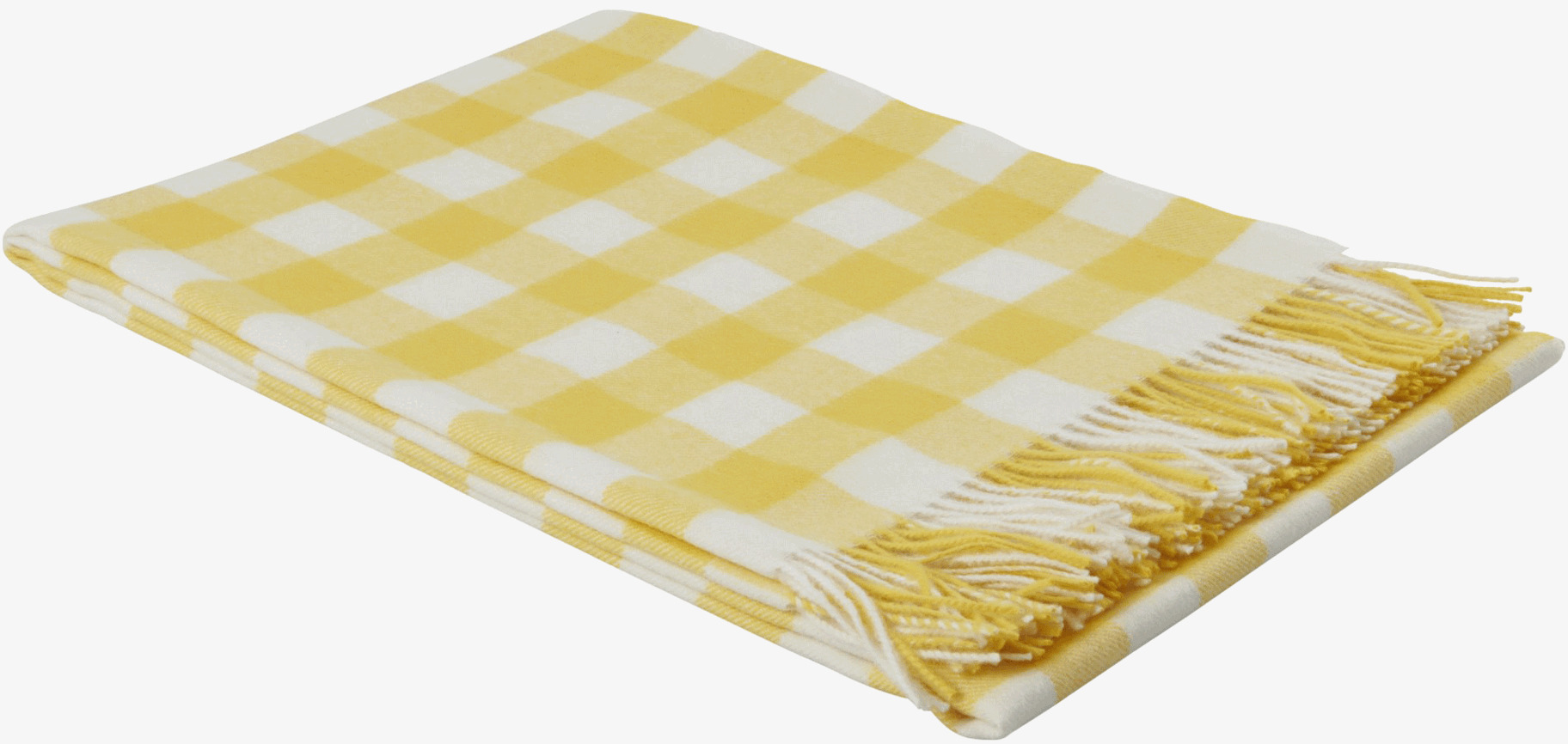 Bild av rutig gul pläd med fransar och mjukt material