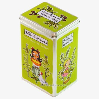 Bild av stilren limegrön plåtburk med charmiga motiv