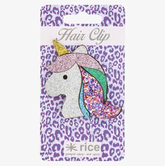 Bild av glittrigt enhörningshårspänne med färgglad man