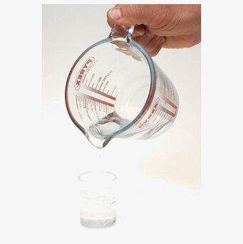 Bild av mätkanna som häller vätska i ett glas