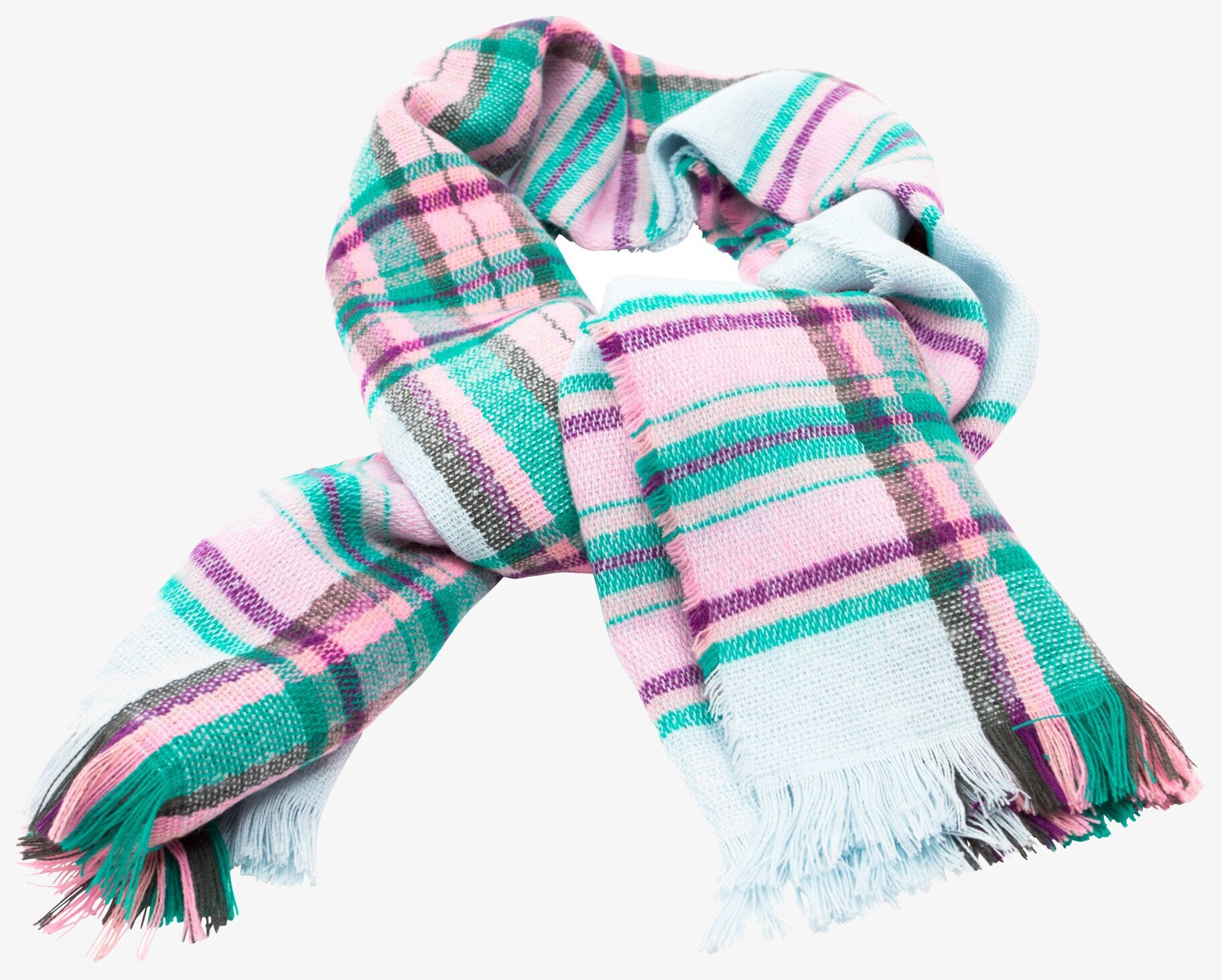 Halsduk Ljusblå - Rice med färgglatt rutmönster och fransar