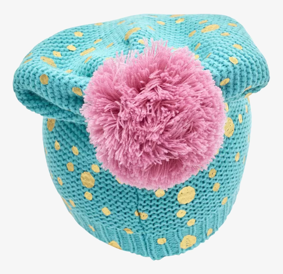 Mössa Turkos/Grön - Rice med gyllene prickar och rosa boll