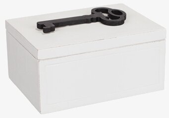 Bild av stilren vit nyckelbox med dekorativ nyckel