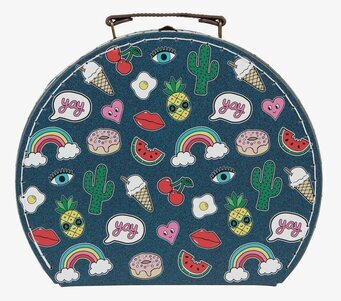 Bild av rund väska med färgglada och lekfulla motiv