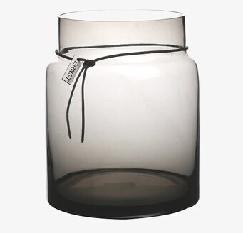 Bild av rund glasvas i rökgrått med banddetalj