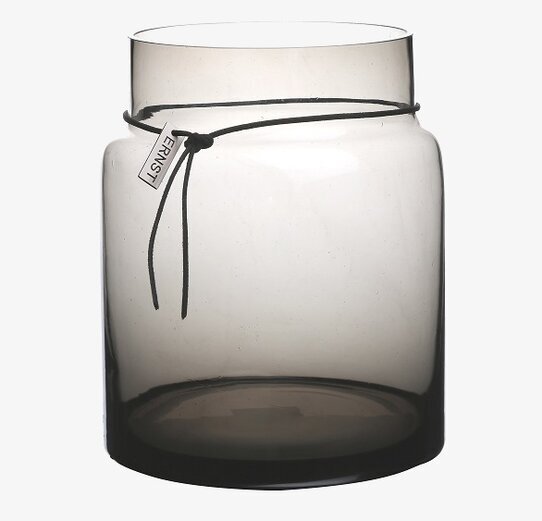 Bild av rund glasvas i rökgrått med banddetalj