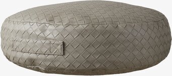 Bild av rund, grå sittpuff med elegant mönster