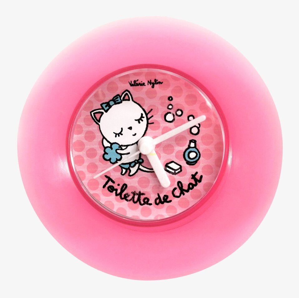 Bild av lekfull rosa badrumsklocka med kattmotiv