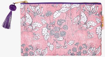 Bild av rosa fodral med botaniskt mönster och tofs