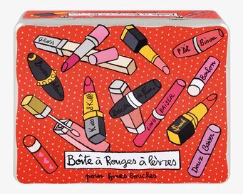 Bild av färggrann plåtburk med läppstiftsmönster