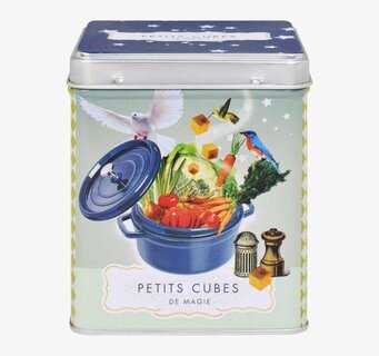 Bild av färgglad plåtburk med grönsaker och fåglar