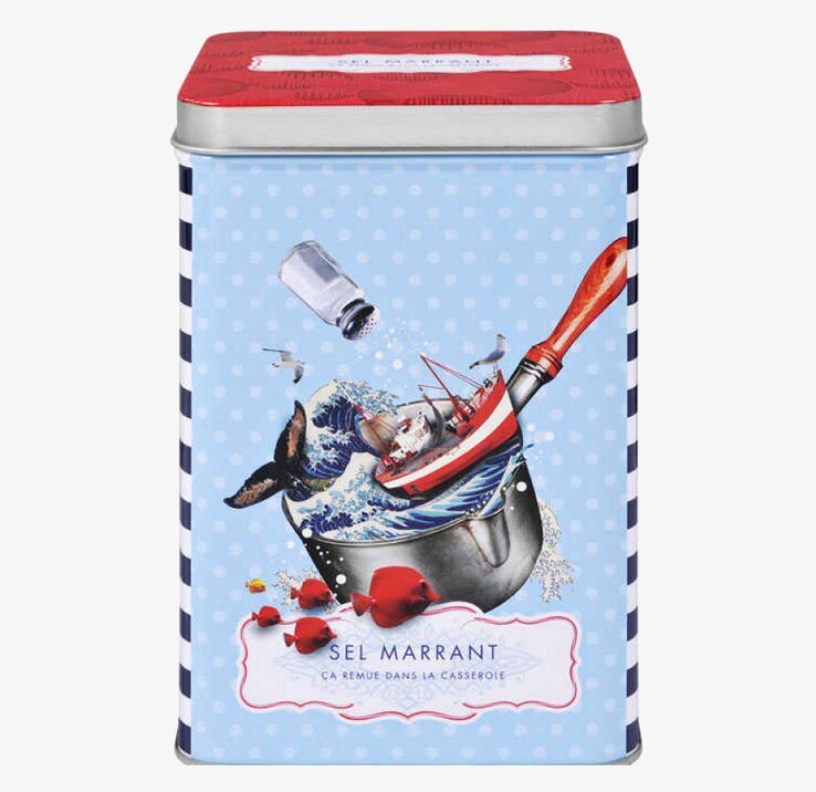 Bild av plåtburk med marint tema och lekfull design