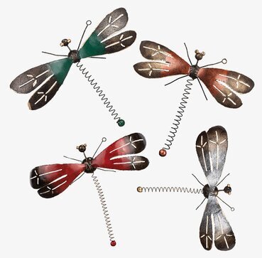 Bild av dekorativa metalltrollsländor och detaljer