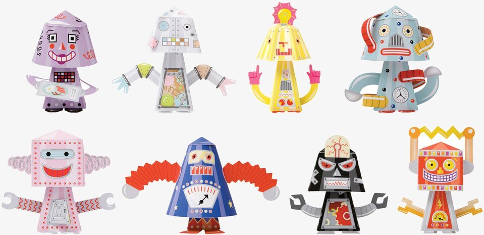 Bild av fantasifulla och färgglada leksaksrobotar