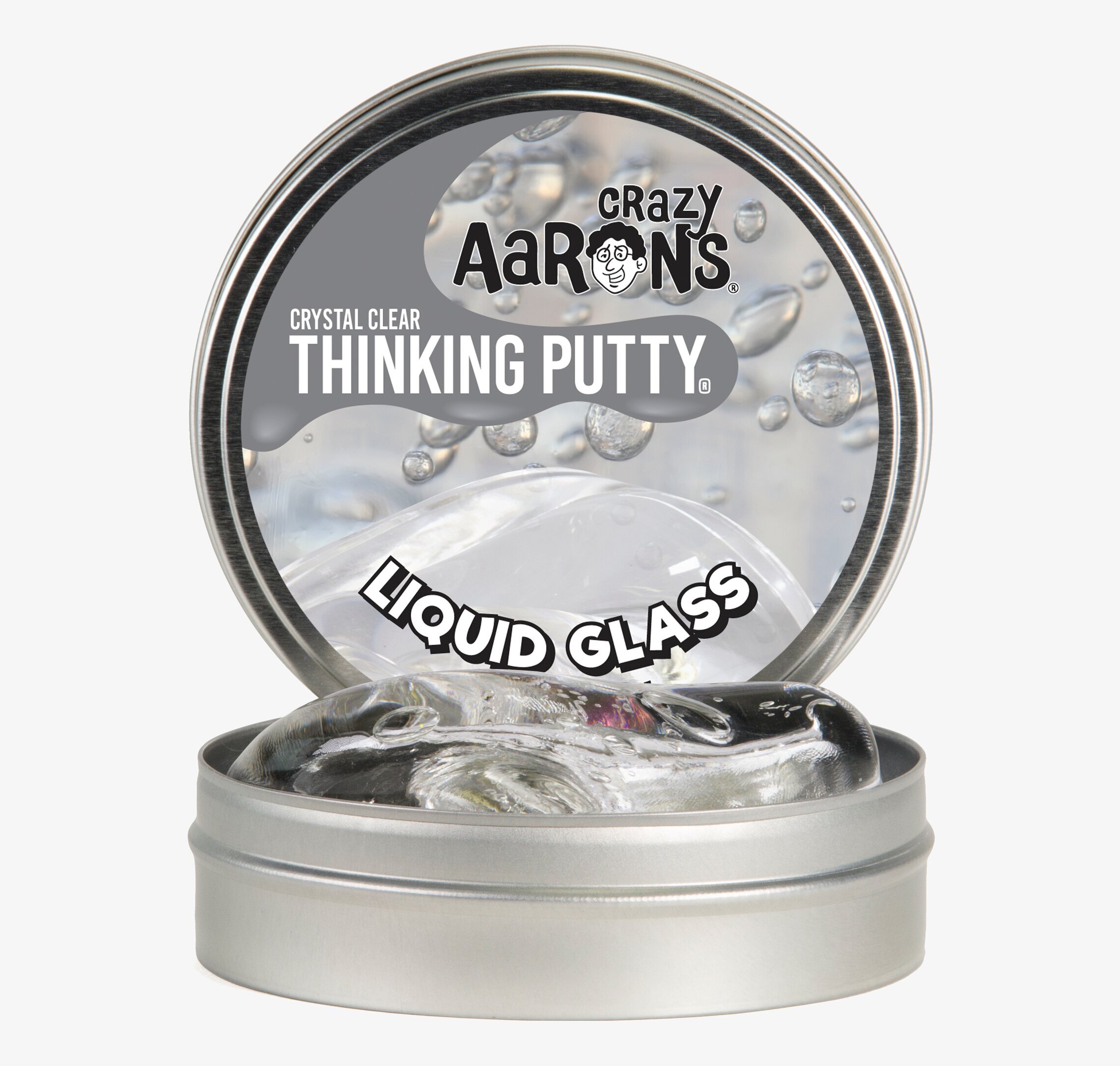 Bild av genomskinlig lera i metallburk med lock öppet