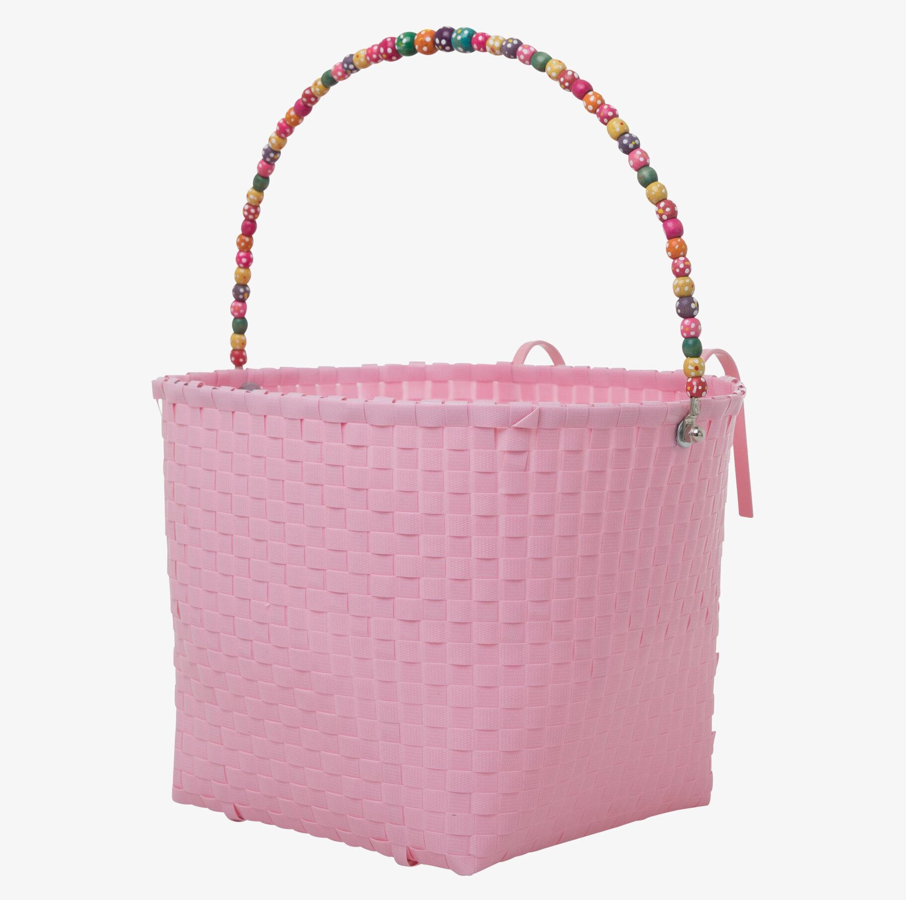 Bild av rosa cykelkorg med pärlhandtag och detaljer