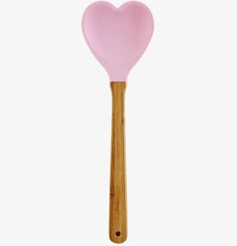 Foto av hjärtformad slev i rosa silikon och trä