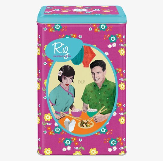 Bild av färgglad retro plåtburk med asiatisk design