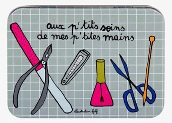 Bild av färgglad plåtburk för manikyrset med verktyg