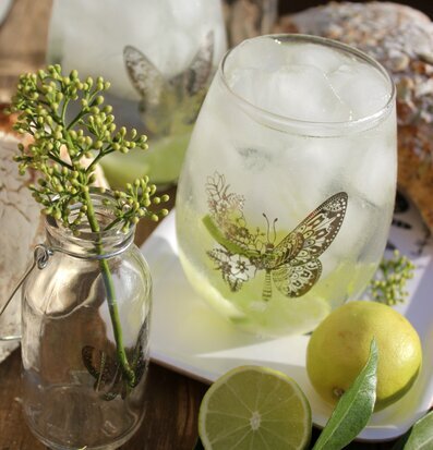 Bild av eleganta glas med fjärilsmotiv och citrus