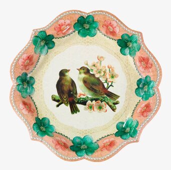 Bild av dekorativ papperstallrik med fåglar och blommor