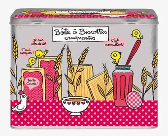 Bild av charmig, färgglad plåtburk för kex och knäcke