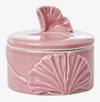 Bild av dekorativ rosa keramikburk med blommotiv