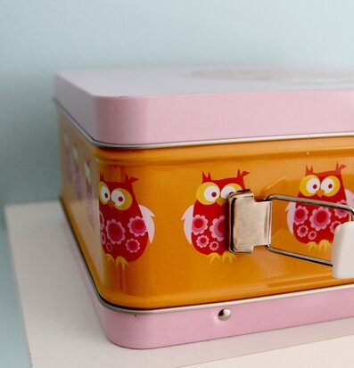 Bild av färgglad lunchbox med ugglemotiv och metallås