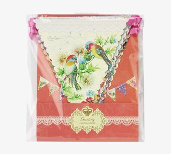 Bild av färgglada vimplar med fåglar och blommor