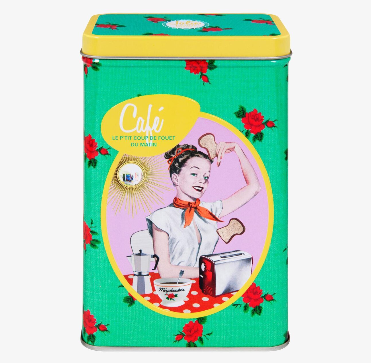 Bild av retro plåtburk med färgglad och nostalgisk design