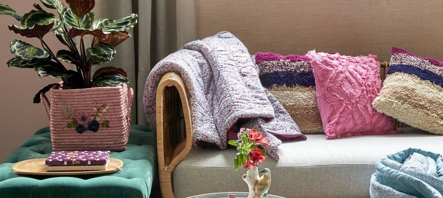 Matta Flower Print Flowers Förvaringskorg Embroidery Blush Bomullsfilt Small Plum Blue Kudde Stripes Kuddar, täcken &