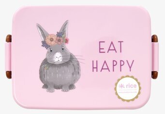 Bild av rosa lunchlåda med kaninmotiv och text