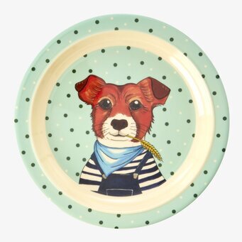 Bild av färgglad tallrik med hundmotiv och prickar