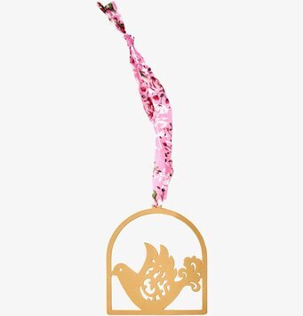 Bild av stilren fågelprydnad i brons med rosaband