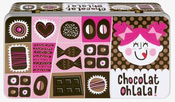 Bild av färgglad plåtburk med chokladinspirerat mönster