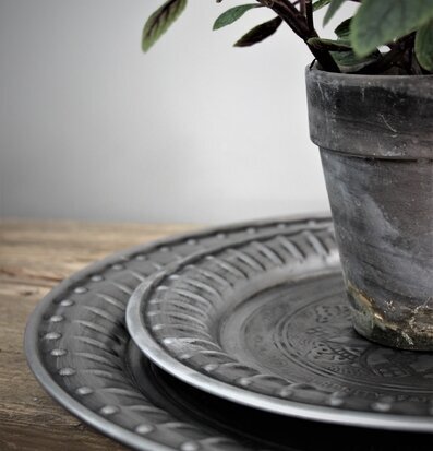 Bild av stilfull vignett med metallbricka och växt