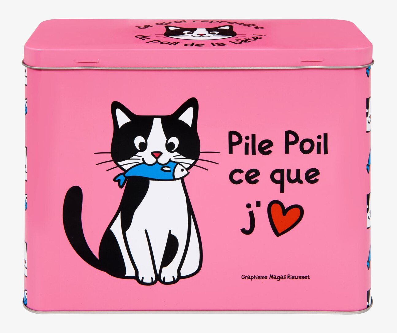 Bild av rosa kattburk med stilren design och humor