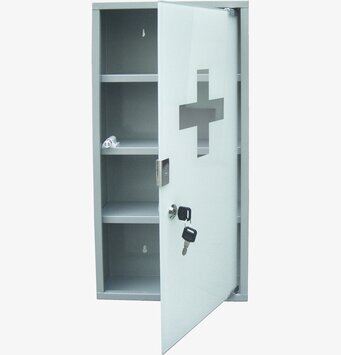 Bild av ett grått medicinskåp med lås och hyllor