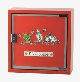 Bild av ett livfullt rött medicinskåp med lekfull design