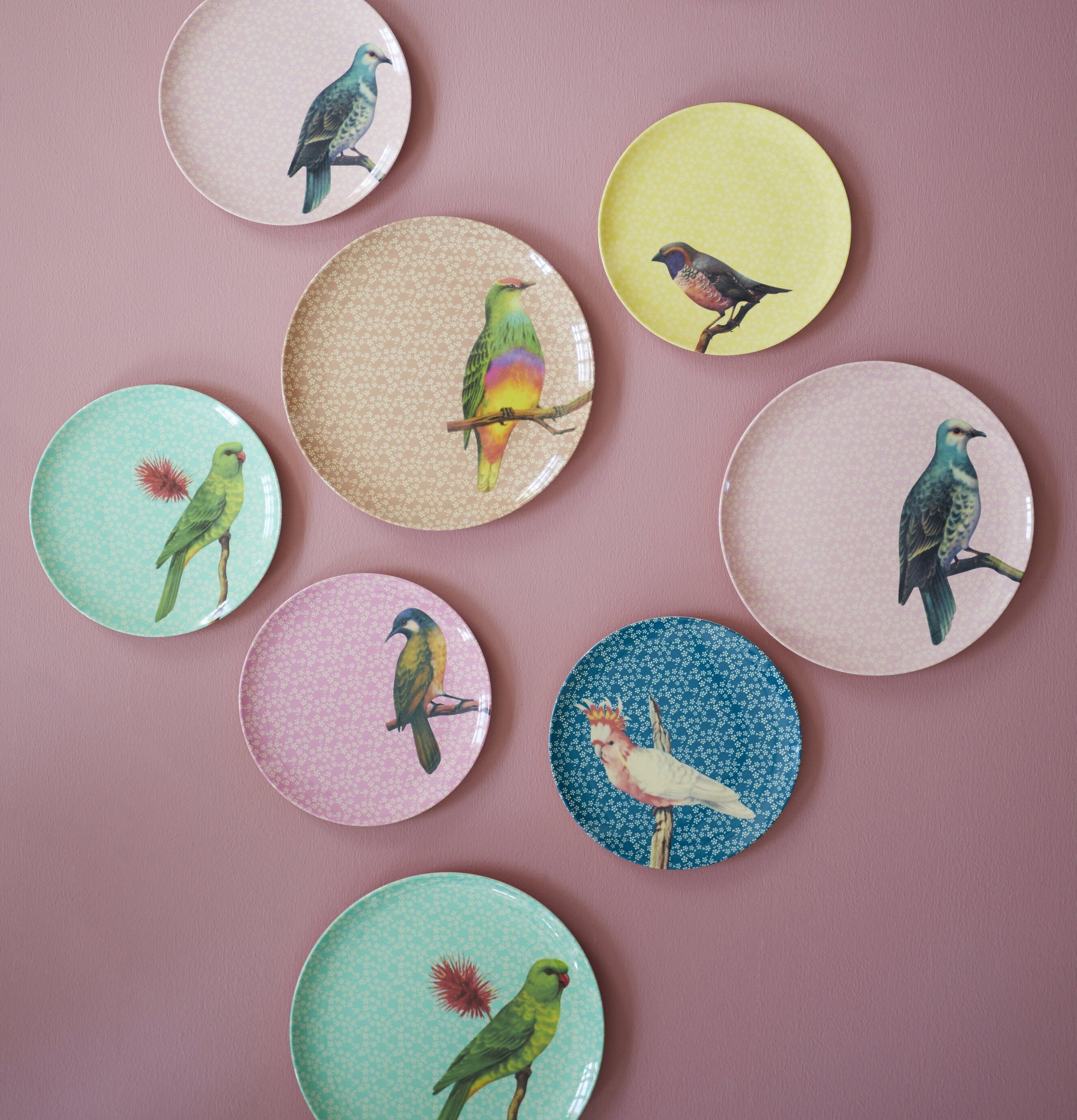 Assiett Vintage Bird Print Green från Rice på rosa vägg