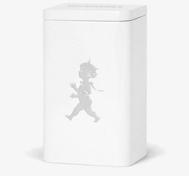 Plåtburk Te Vit från Solstickan med ikonisk figur och text