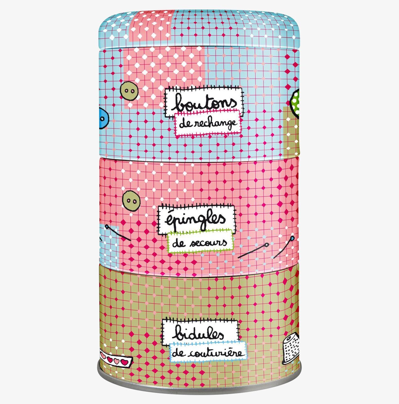 Bild på färgstark plåtburk för sysaker i tre nivåer